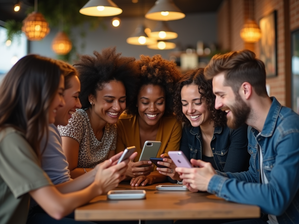 Group of people smiling and interacting with phones at a cafe